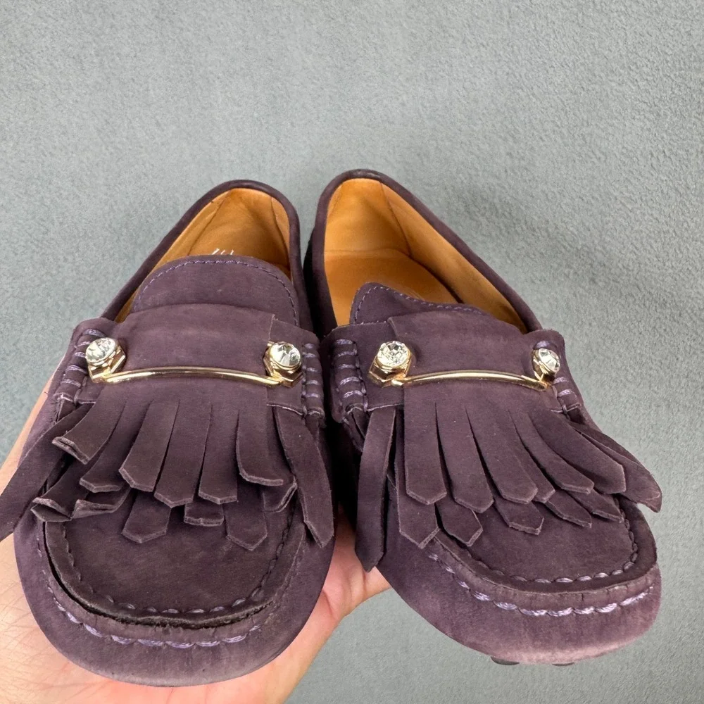 Tods Gommino Purple Suede Kiltie Fringe Crystal Driving Moccasins Size 36 Italy